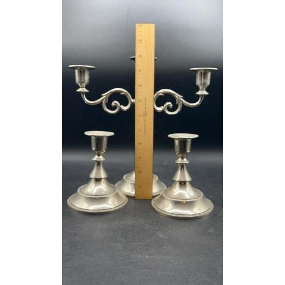 Vintage Silver-Plated 3-Pc Candle Holder Set 3-Arm Candelabra & 2 Single Holders - Picture 9 of 10